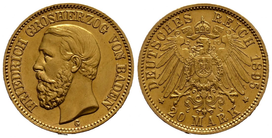 PEUS 1688 Baden - Kaiserreich 7,16 g Feingold. Friedrich I. (1852 - 1907) 20 Mark GOLD 1895 G Vorzüglich
