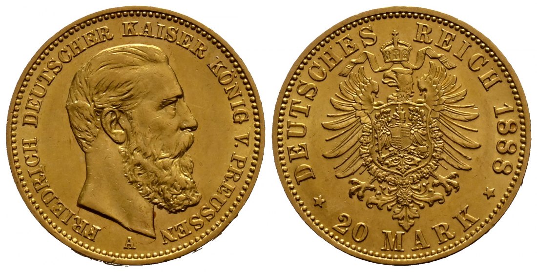 PEUS 1690 Kaiserreich - Preußen 7,16 g Feingold. Friedrich III. (09.03.- 15.06.1888) 20 Mark GOLD 1888 A Sehr schön
