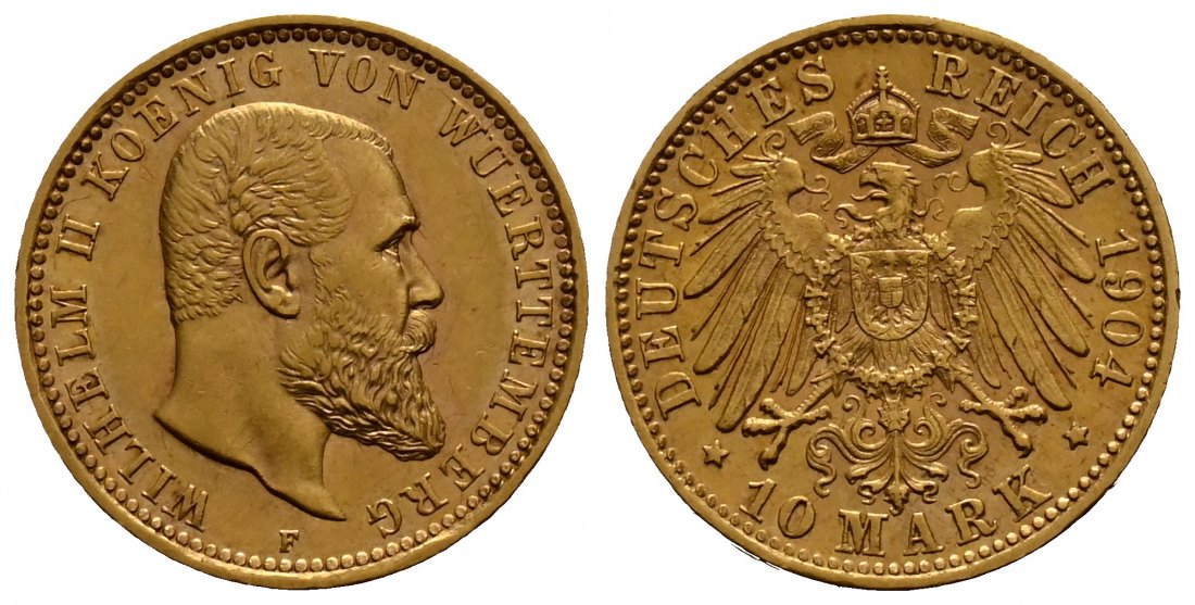 PEUS 1693 Kaiserreich - Württemberg 3,58 g Feingold. Wilhelm II. (1891 - 1918) 10 Mark GOLD 1904 F Stuttgart Vorzüglich