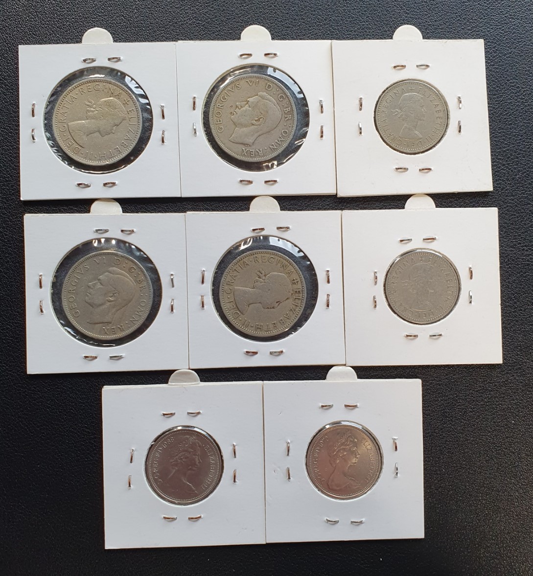  Großbritannien Konvolut 1, 2 Schilling (Florin) Pence 8 Münzen im Rähmchen   