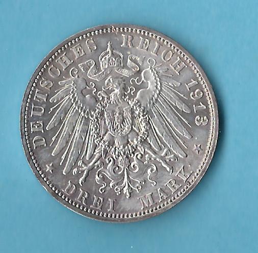  Kaiserreich 3 Mark Sachsen 1913 vz-st Münzenankauf Koblenz Frank Maurer AB 494   