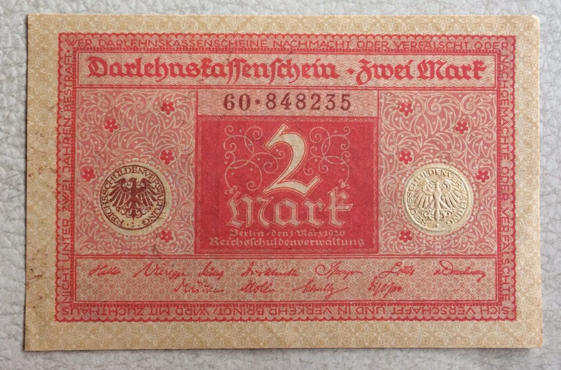 2 Mark Deutsches Reich 1920 Ro.65b UNZ