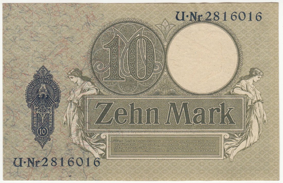  Ro. 27 b, 10 Mark Reichskassenschein vom 06.10.1906,  U.Nr 2816016, fast kassenfrisch I-II   