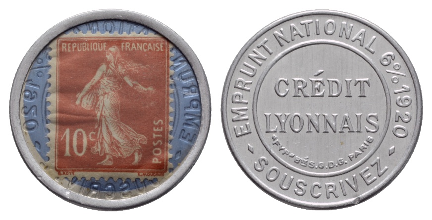  FRANCE ENCASED POSTAGE STAMP EMPRUNT NATIONAL 6% 1920 SOUSCRIVEZ CREDIT LYONNAIS 10 CENTIMES   