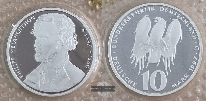  Deutschland 10 Mark  1997 500. Geburtstag von Philipp Melanchth 'D' FM-Frankfurt  Feinsilber:9,68g   