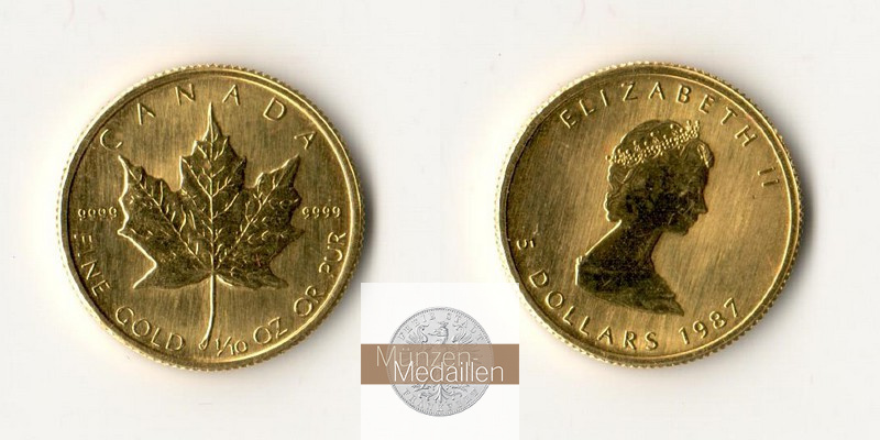 Kanada  5 Dollar MM-Frankfurt Feingold: 3,11g Kanadisches Ahornblatt 1987 