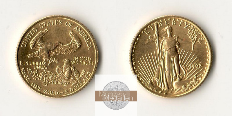 USA,  5 Dollars MM-Frankfurt  Feingold: 3,11g American Gold Eagle 1992 