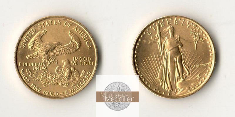 USA 5 Dollar MM-Frankfurt  Feingold: 3,11g American Eagle 1986 