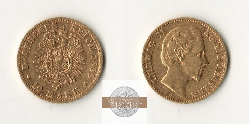 Bayern, Königreich MM-Frankfurt Feingewicht: 3,58g Gold 10 Mark 1880 D 