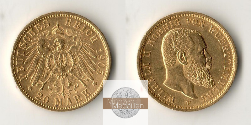 Deutsches Kaiserreich - Württemberg MM-Frankfurt Feingold: 7,17g Wilhelm II., 20 Mark 1905 F 