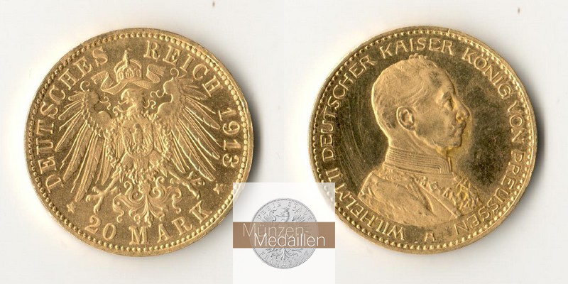 Preussen Kaiserreich  20 Mark MM-Frankfurt Feingold: 7,17g Wilhelm II. 1888-1918 Uniform 1913 A 