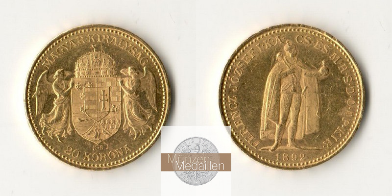 Ungarn MM-Frankfurt  Feingold: 6,10g 20 Kronen 1892 KB 