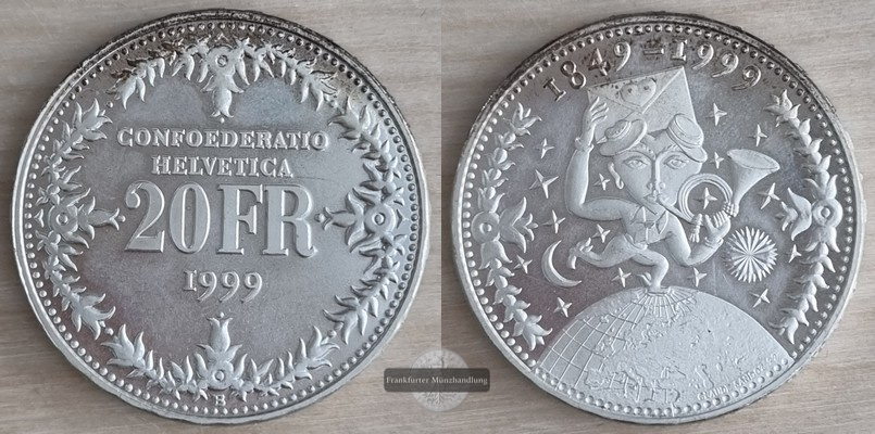  Schweiz  20 Franken  1999 150 Jahre Post  FM-Frankfurt Feinsilber: 16,7g   