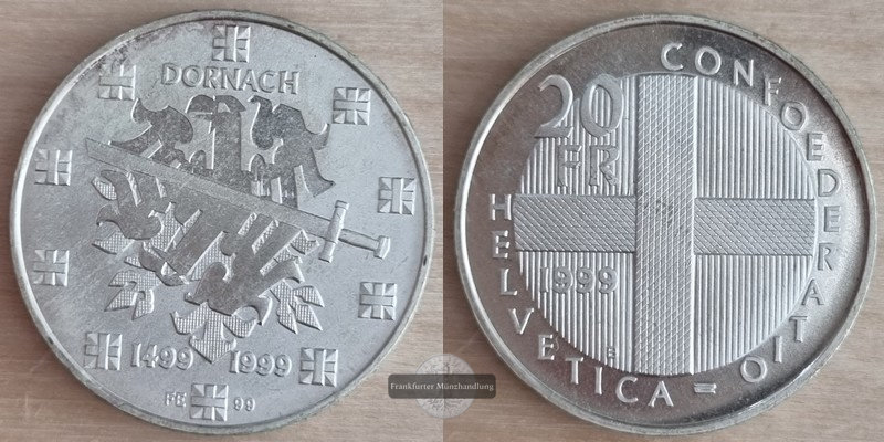  Schweiz  20 Franken  1999  500 Jahrestag - Schlacht bei Dornach FM-Frankfurt Feinsilber: 16,7g   