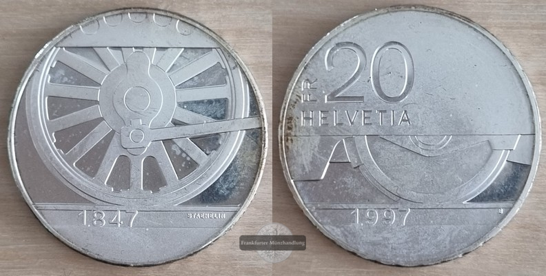  Schweiz  20 Franken  1997 - 150. Jahrestag - Schweizer Bahnen  FM-Frankfurt Feinsilber: 16,7g   