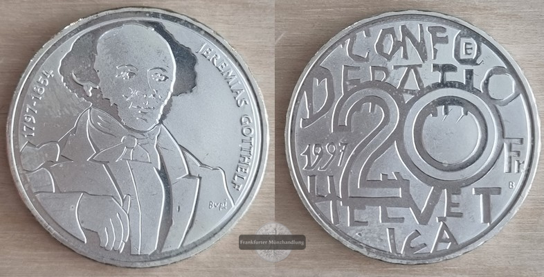 Schweiz  20 Franken  1997 - 200. Jahrestag von Jeremias Gotthelf  FM-Frankfurt Feinsilber: 16,7g   