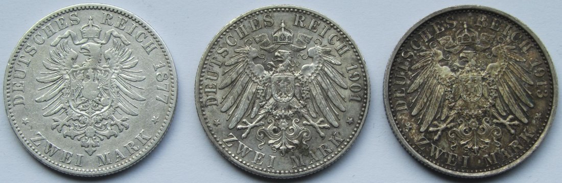 Kaiserreich: Preußen, drei verschiedene 2 Mark   