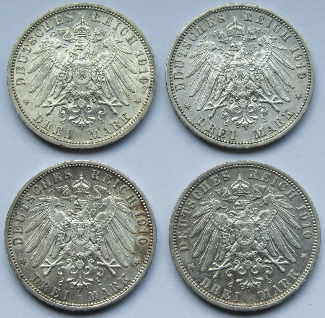  Kaiserreich: Preußen, 3 Mark Wilhelm II. (Jaeger 103), 4 Stück (alle 1910)   