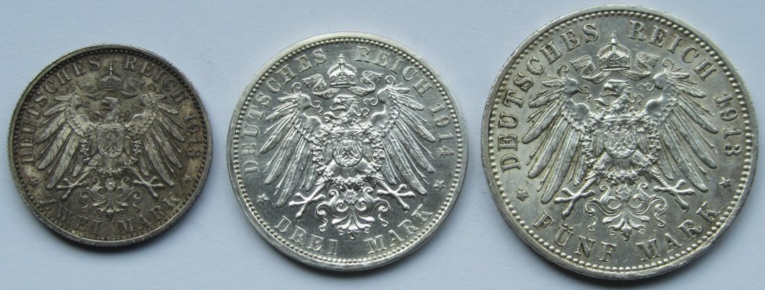  Kaiserreich: Preußen, 2 + 3 + 5 Mark Wilhelm II. in Uniform, 1913/1914   