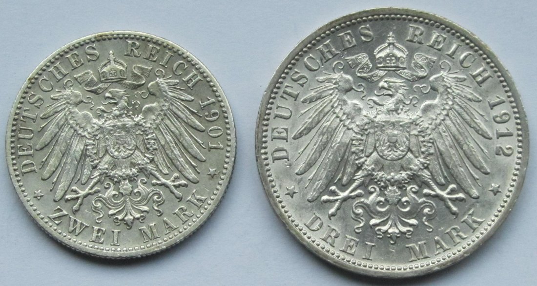  Kaiserreich: Württemberg, 2 + 3 Mark Wilhelm II. 1901 + 1912   
