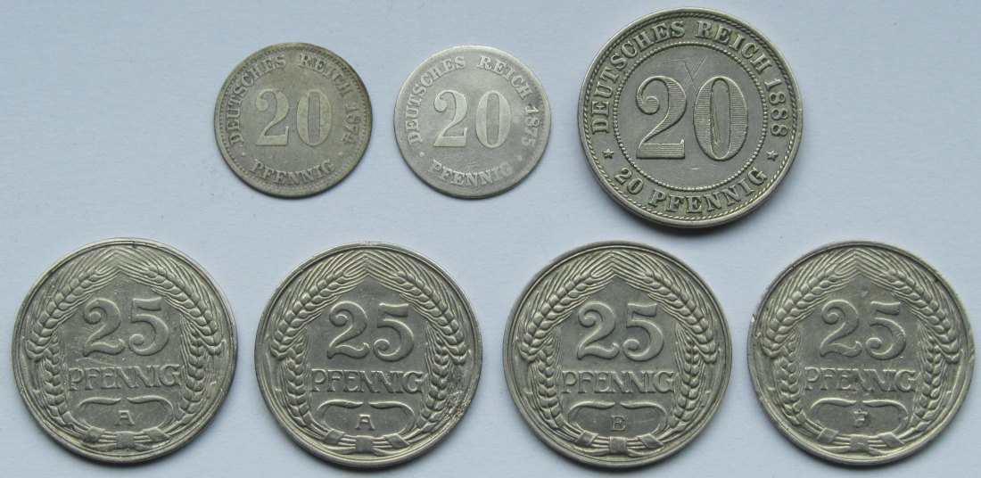  Kaiserreich: Lot aus sieben verschiedenen Jahrgängen 20/25 Pfennig   