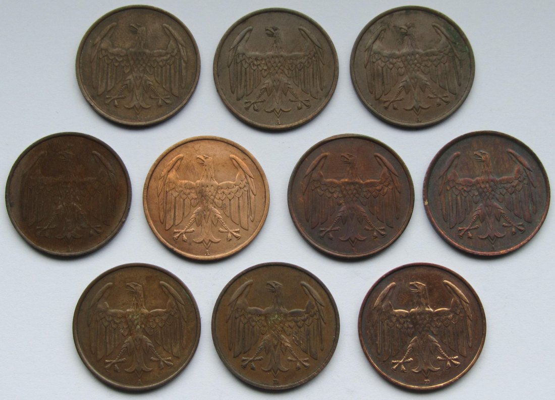  Weimarer Republik: 10 x 4 Pfennig 1932 (8 x A + 2 x D)   