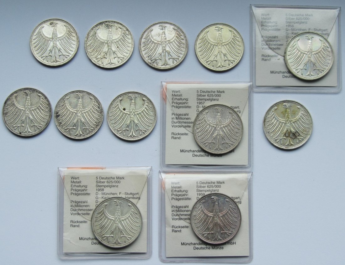  Deutschland: 12 x 5 DM Silber-Kursmünze 1951-1959 in Top-Erhaltung   