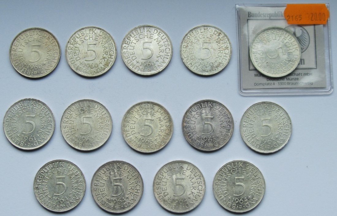  Deutschland: 14 x 5 DM Silber-Kursmünze 1960-1964 in Top-Erhaltung   
