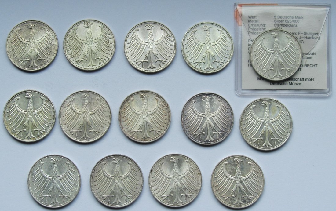  Deutschland: 14 x 5 DM Silber-Kursmünze 1960-1964 in Top-Erhaltung   