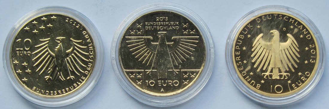  Deutschland: Drei verschiedene 10 Euro, vergoldet   