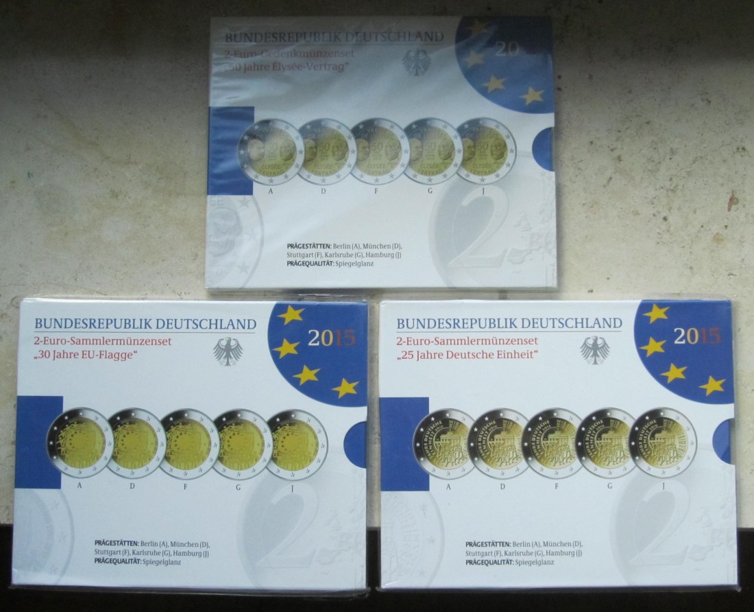  Deutschland: Drei verschiedene 2-Euro-Blister in Spiegelglanz/PP (Elysee, Europaflagge, Einheit)   
