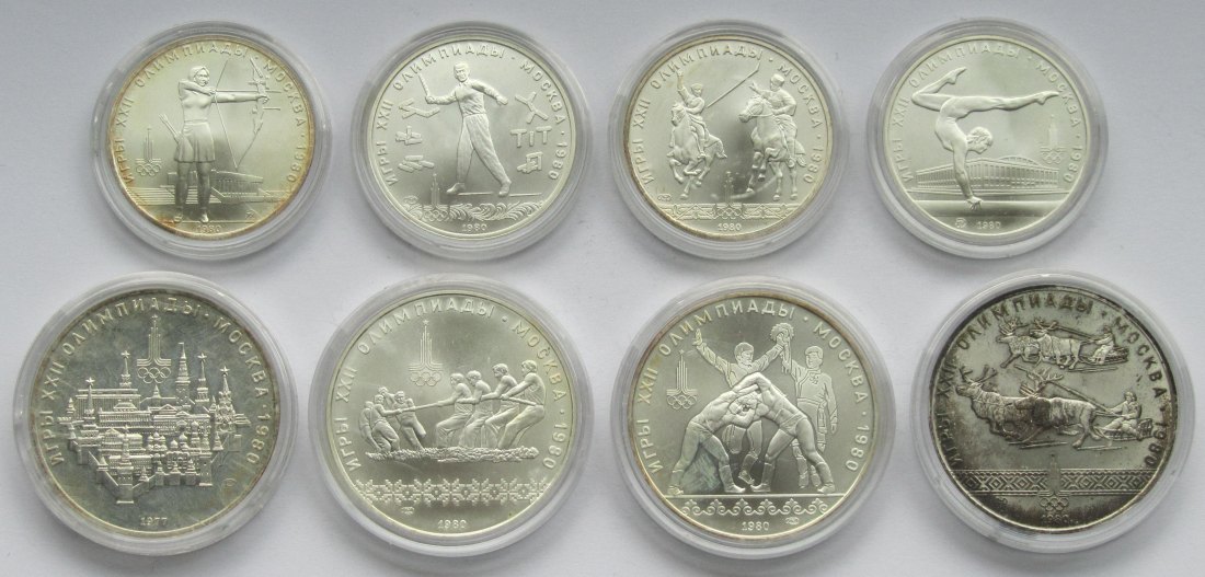  Sowjetunion/Russland: Lot aus acht Olympia-Münzen in Stempelglanz/ST, zusammen 180 g Feinsilber   