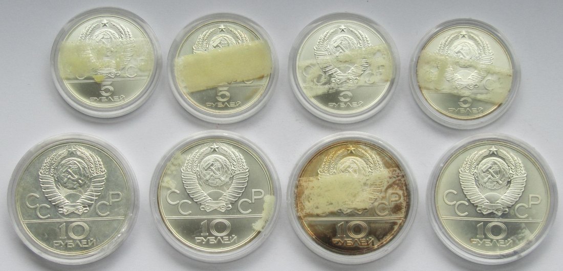  Sowjetunion/Russland: Lot aus acht Olympia-Münzen in Stempelglanz/ST, zusammen 180 g Feinsilber   