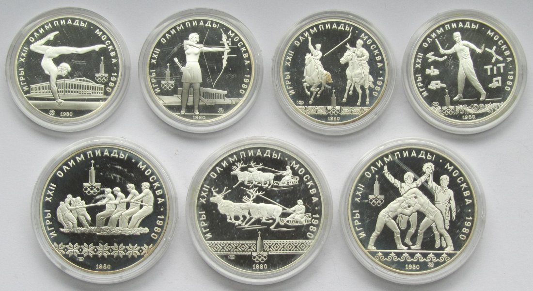  Sowjetunion/Russland: Lot aus sieben Olympia-Münzen in PP/Proof, zusammen 150 g Feinsilber   