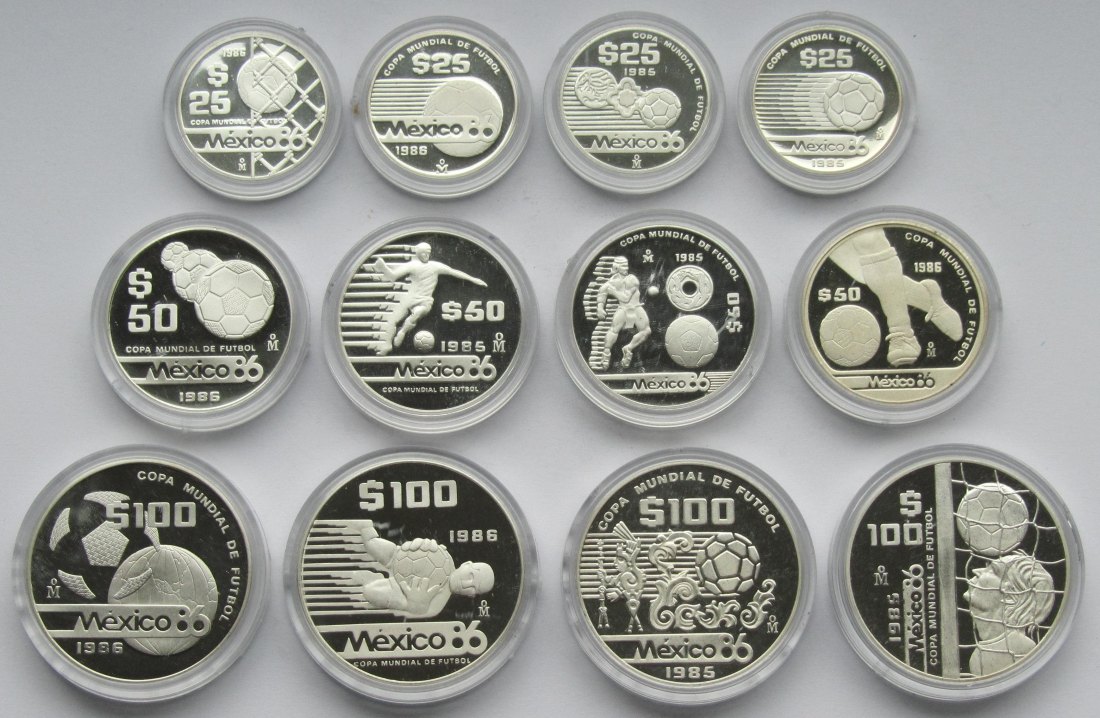  Mexiko: Komplettsatz Silbermünzen zur Fußball-WM 1986, zusammen 217,7 g Feinsilber   