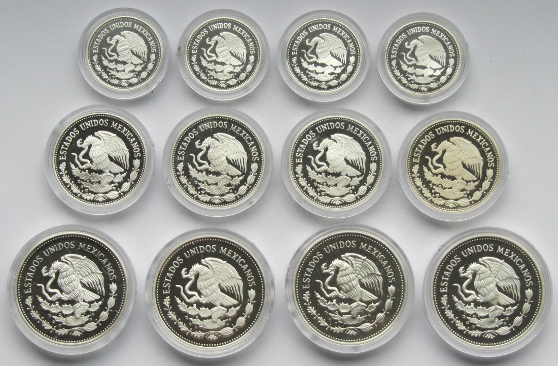  Mexiko: Komplettsatz Silbermünzen zur Fußball-WM 1986, zusammen 217,7 g Feinsilber   