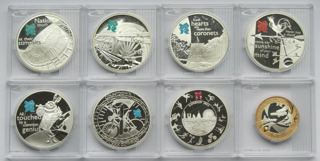  Vereinigtes Königreich: Lot aus acht Olympia-Silbermünzen, zusammen 194,2 g Feinsilber   