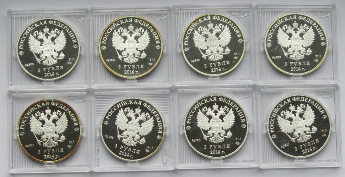 Russland: Lot aus acht Olympia-Silbermünzen von 2014, zusammen 248,8 g Feinsilber   