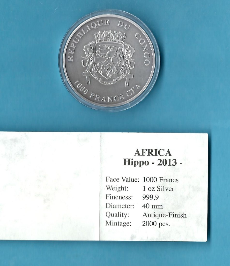  Kongo  1 Oz AG Hippo 2013 Antik Finish 2000 Auflage st Münzenankauf Koblenz Frank Maurer AB 572   