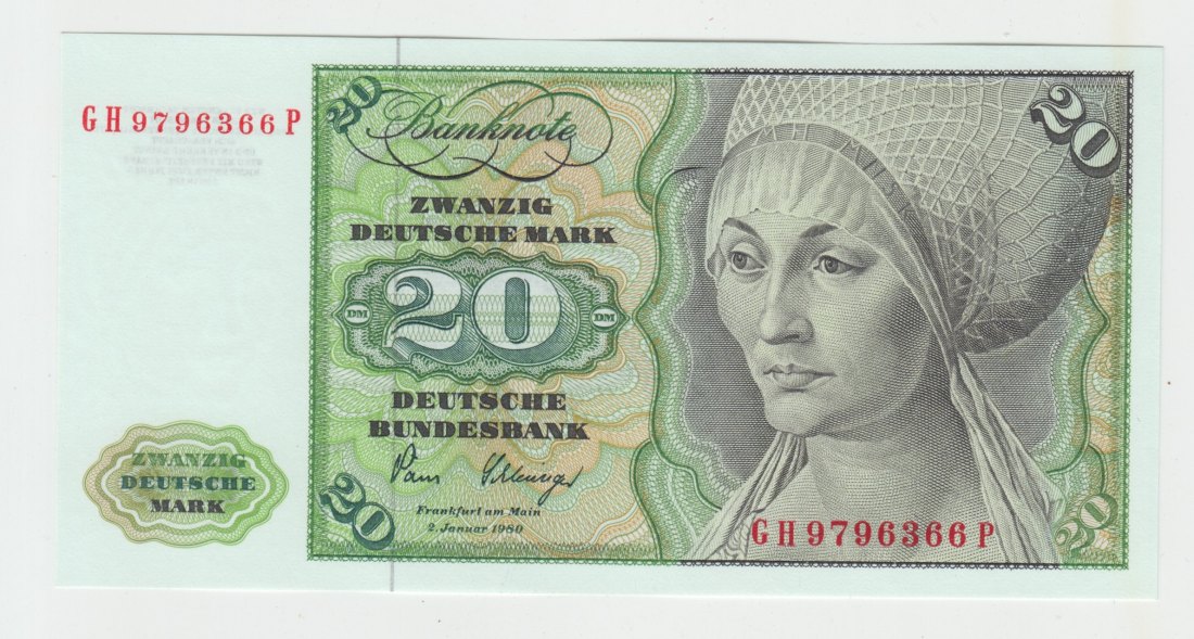  Ro. 282 a, 20 Deutsche Mark vom 02.01.1980 ohne (c) Vermerk, GH9796366P, kassenfrisch I   