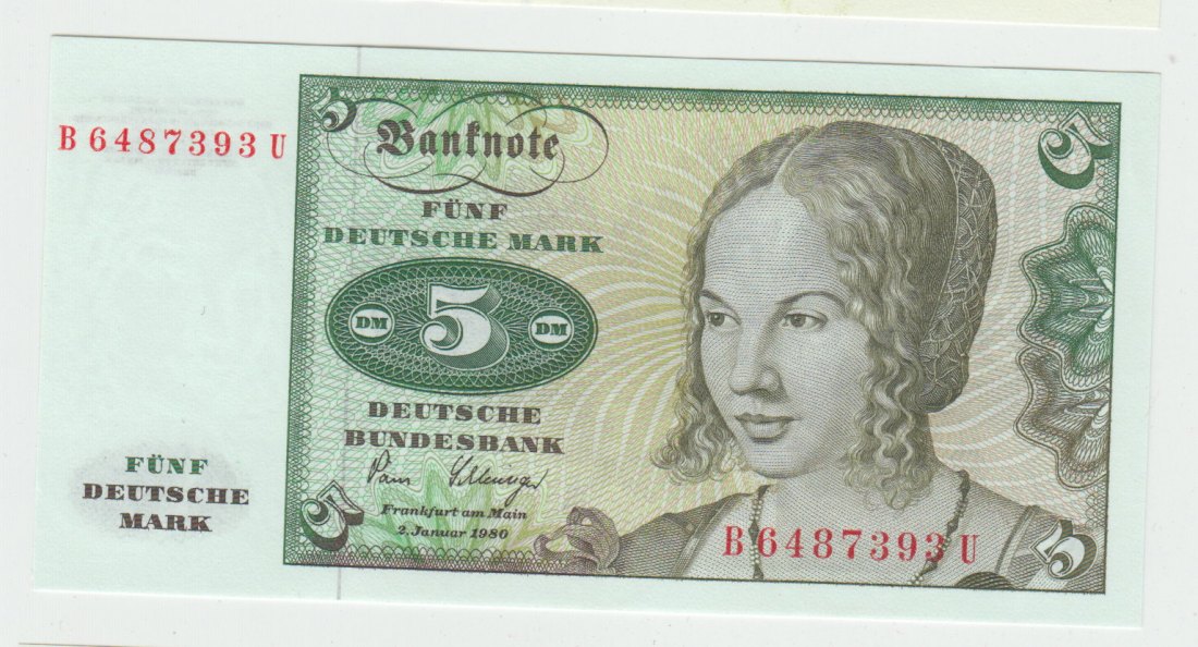  Ro. 285 a, 5 Deutsche Mark vom 02.01.1980 mit (c) Vermerk, B6487393U, kassenfrisch I   
