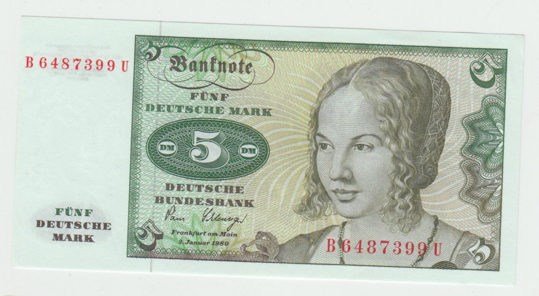  Ro. 285 a, 5 Deutsche Mark vom 02.01.1980 mit (c) Vermerk, B6487399U, kassenfrisch I   