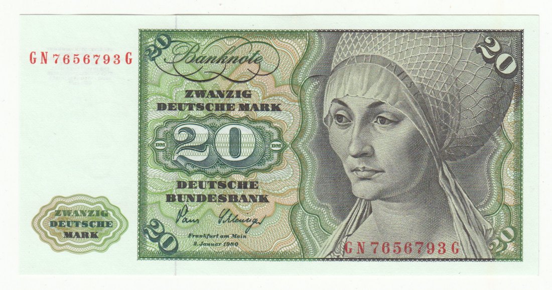  Ro. 287 a, 20 Deutsche Mark vom 02.01.1980 mit (c) Vermerk, GN 7656793G, kassenfrisch I   