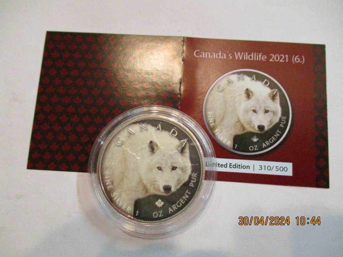  5 Dollars Kanada Wildlife 2021 Arctic Wolf mit Zertifikat BU/ Color   