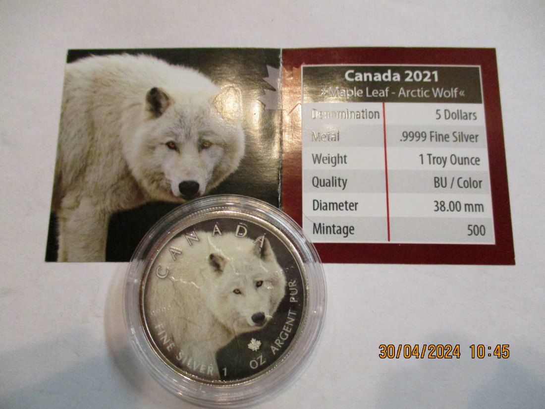  5 Dollars Kanada Wildlife 2021 Arctic Wolf mit Zertifikat BU/ Color   