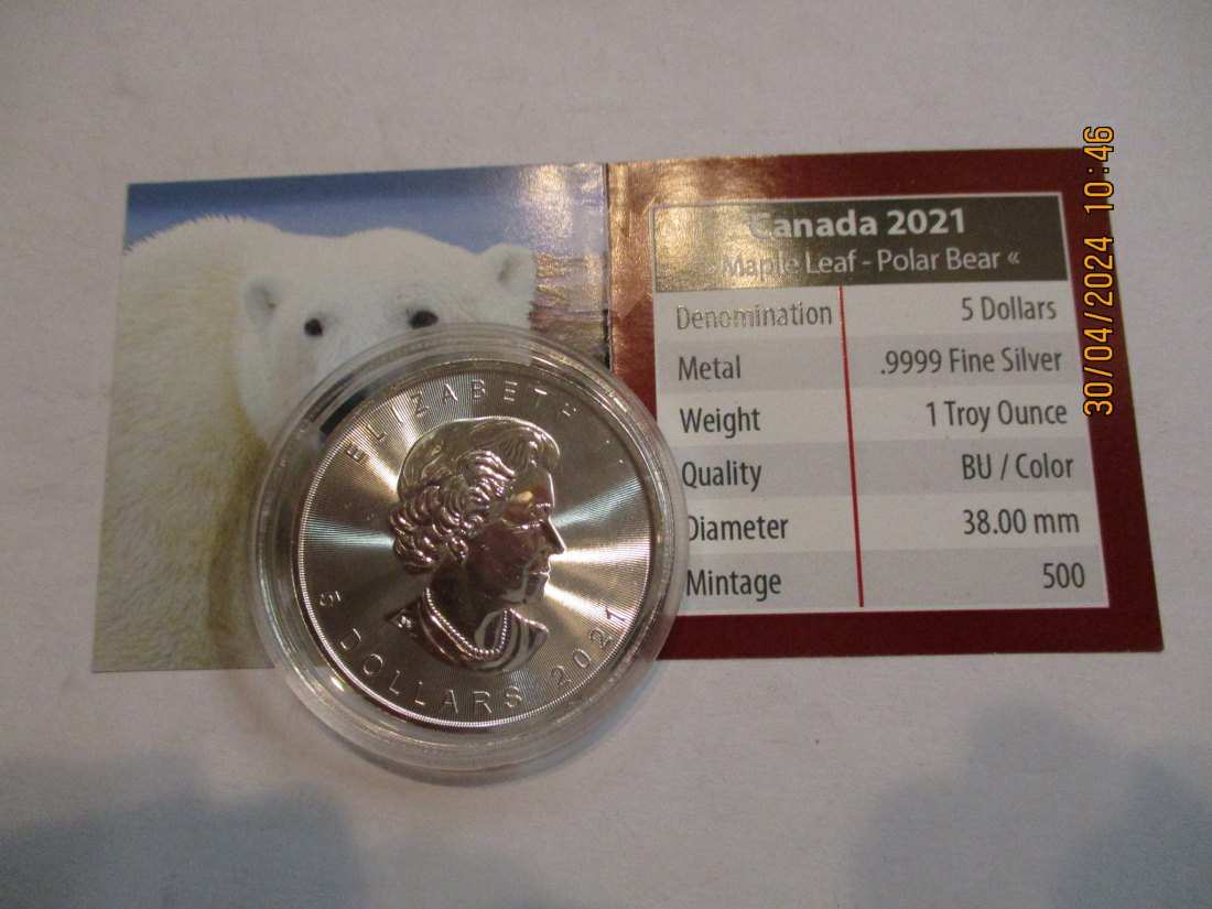  5 Dollars Kanada Wildlife 2021 Polar Bear mit Zertifikat BU/ Color   