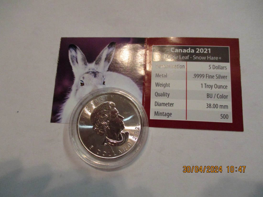  5 Dollars Kanada Wildlife 2021 Snow Hare mit Zertifikat BU/ Color   