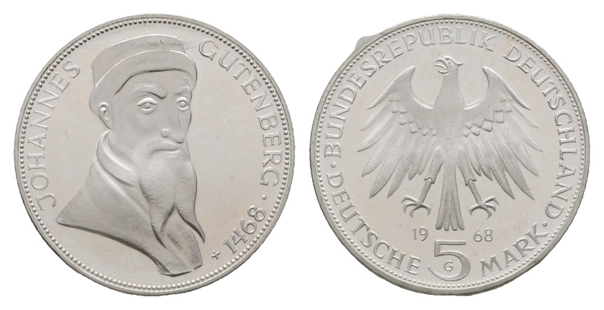  BRD; 5 Mark 1968 J. Gutenberg; PP   