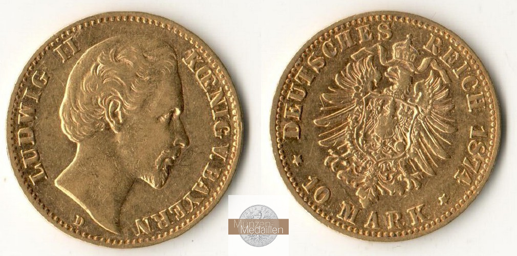 Deutsches Kaiserreich, Bayern. MM-Frankfurt Feingold: 3,58g Ludwig II. 1864-1886. 10 Mark 1874 D 