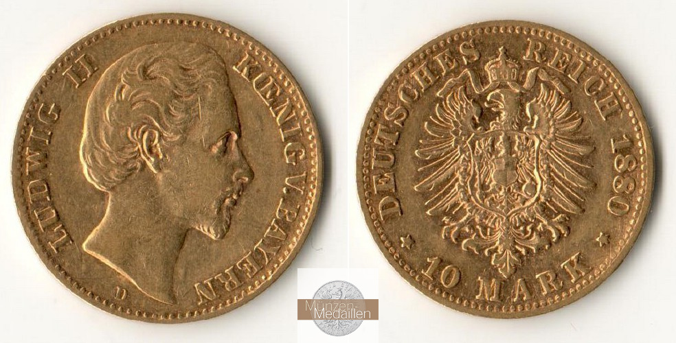 Deutsches Kaiserreich, Bayern. MM-Frankfurt Feingold: 3,58g Ludwig II. 1864-1886. 10 Mark 1880 D 